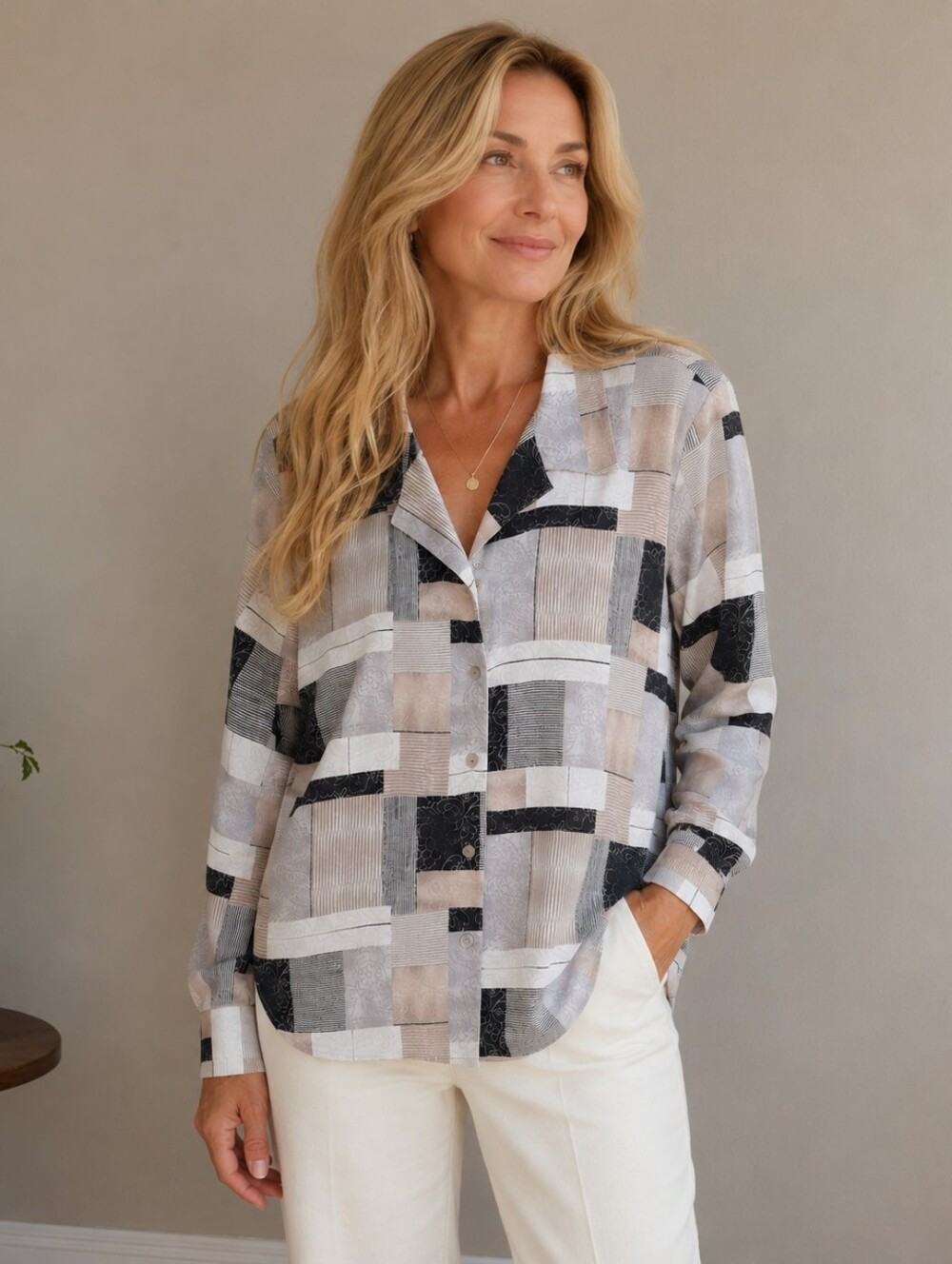 Alia Multi-Color Geometric Patchwork Button-Up Blouse